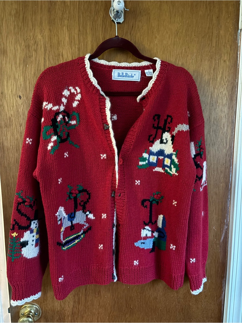 Vintage Red Holiday Cardigan with Multicolor Embroidered Motifs